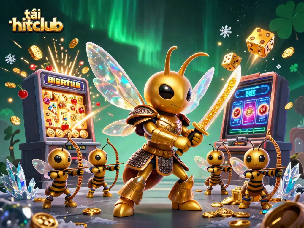 Experience the thrill of winning as you tải hitclub with a dynamic 3D casino scene featuring a golden hornet and vibrant game elements.