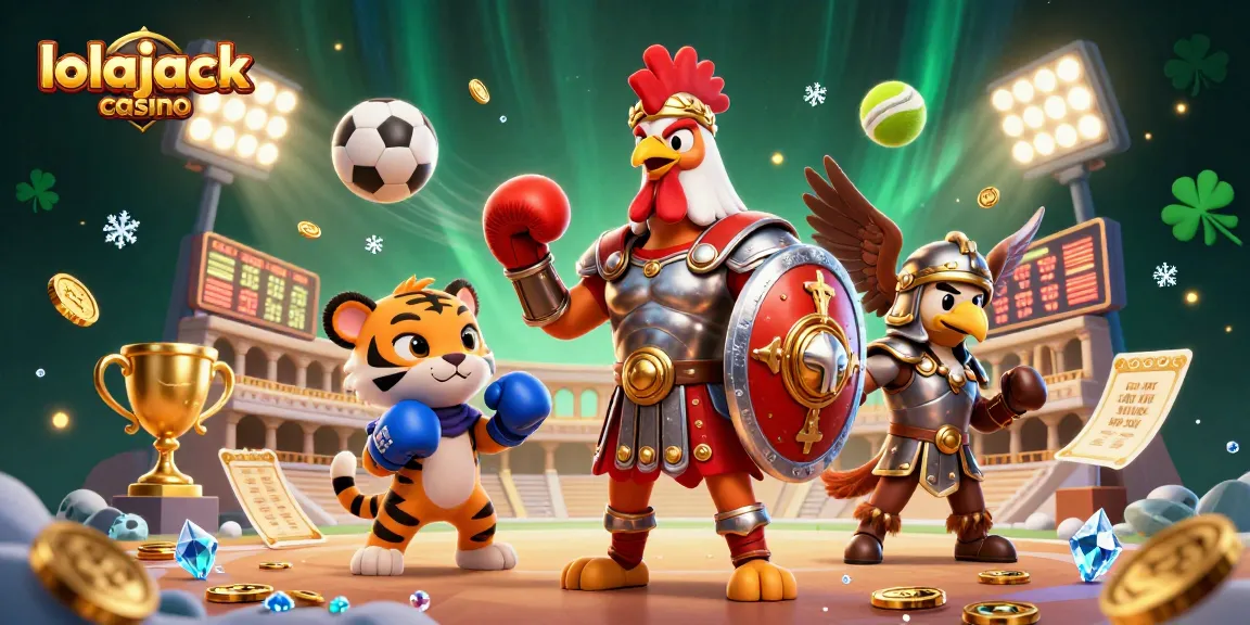 Experience thrilling games at lolajack casino with dynamic sports elements and vibrant characters in a rich illustration.