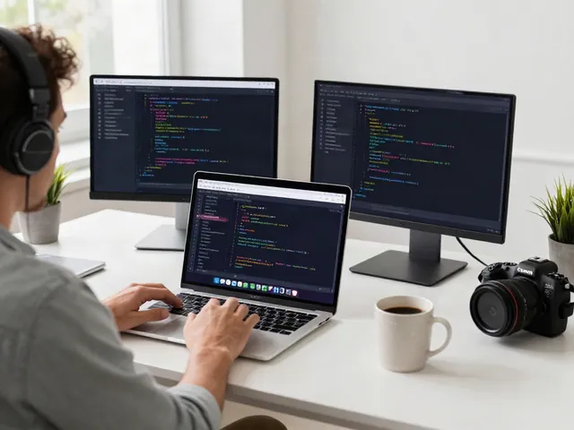 Developer showcasing SpotiGeek Spotify Plus app on iOS device in a modern workspace.