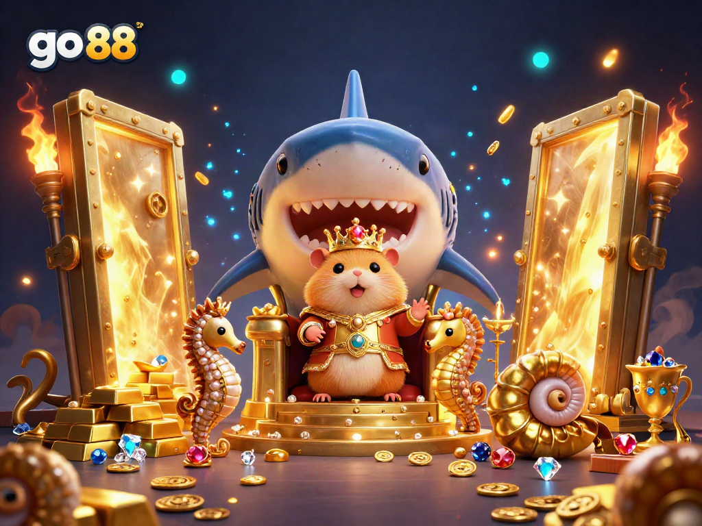 Experience the thrill of go 88 with a captivating scene featuring a hamster king on a megalodon throne in a treasure-filled casino.