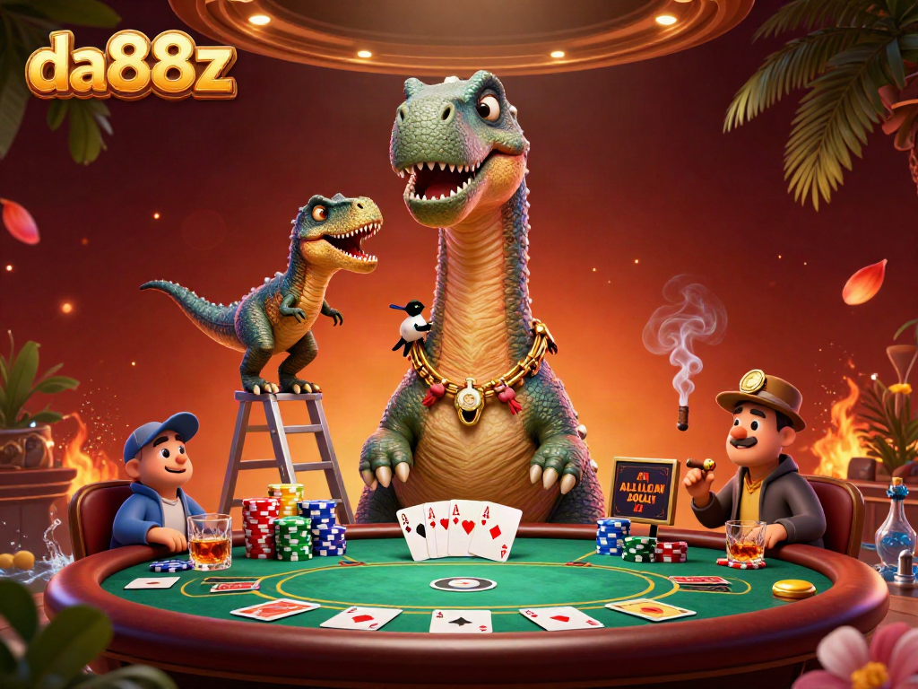 Join the excitement at da88z with 3D cartoon characters engaging over poker cards in a vibrant casino setting.