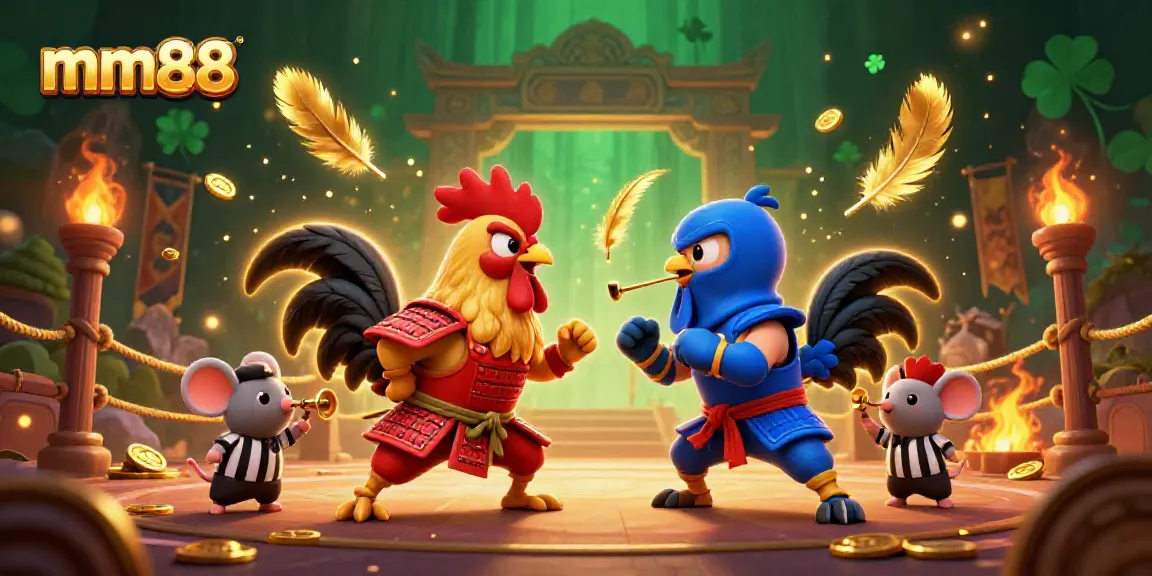 Exciting mm88-themed showdown between samurai and ninja roosters in a vibrant casino arena