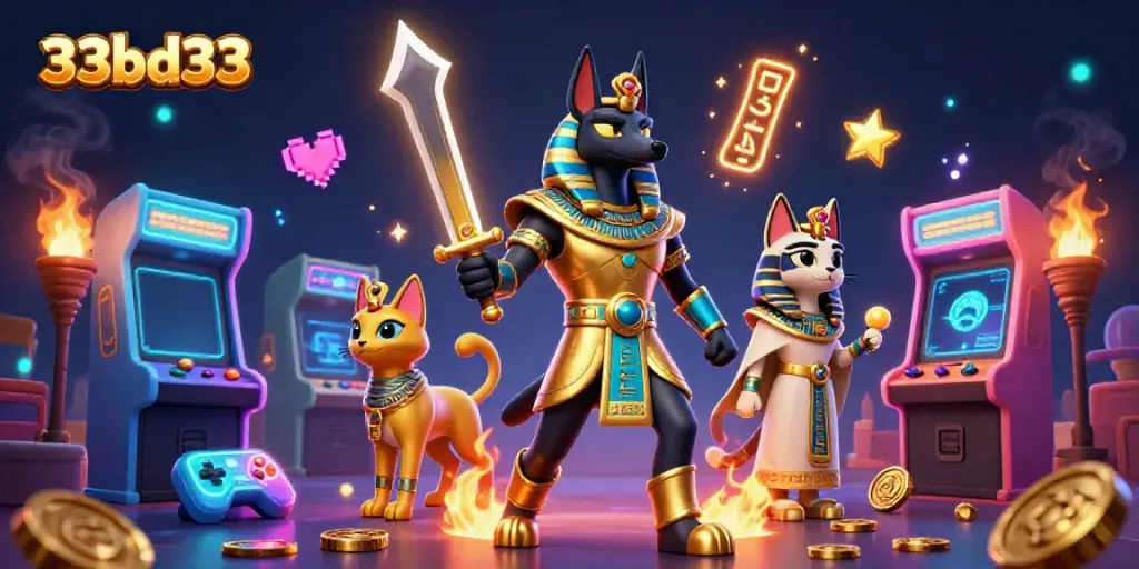 Engage with 33bd33 in an exciting online gaming adventure featuring dynamic Egyptian characters surrounded by gaming elements.
