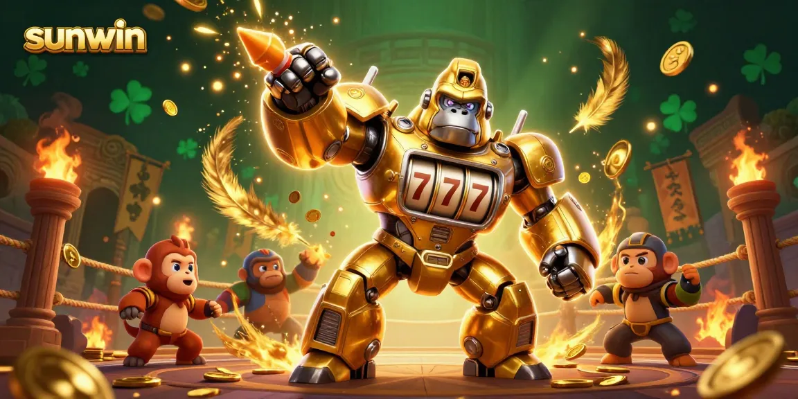 Experience thrilling wins at Sunwin with a vibrant golden gorilla mech and dynamic casino elements.