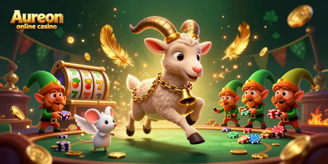 Aureon online casino features Krampus, an angel mouse, and gremlin elves around slot reels and poker chips in a vibrant casino scene.